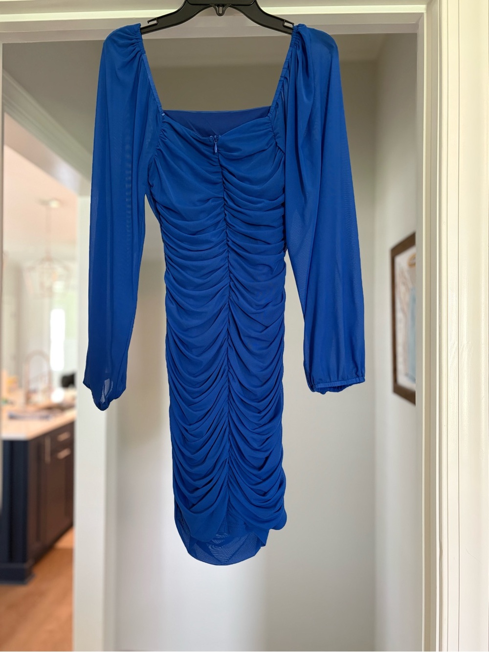 Homecoming dress. Royal Blue Ruched Long-Sleeve Mini Dress